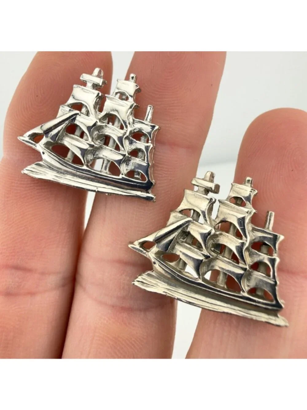 Vintage Cufflinks Set of 2 Tall Ships Mayflower Silver Tone Nautical Sailing